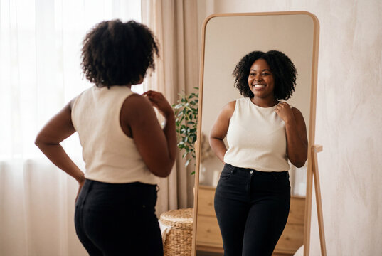 Smiling confident plus size woman looking at her reflection in tall mirror at home