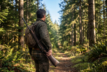 Naklejka premium Hunter with rifle walking on forest trail rear view