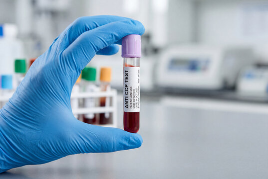 Scientist holds a blood sample vial for an anti CCP antibody test for rheumatoid arthritis