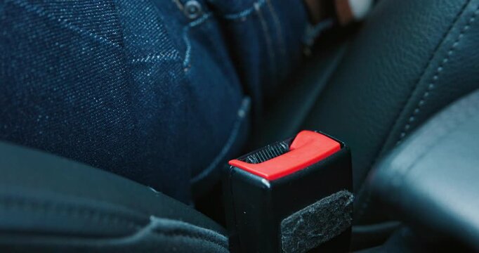 Buckle, seat belt and hands of woman in car for safety with travel, driving or protection from accident. Transport, law and closeup of person with fasten harness for security in vehicle for journey.