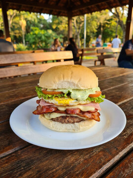 Lanche Hab&uacute;rguer X-Tudo Caseiro em uma Mesa R&uacute;stica de Parque ao Ar Livre