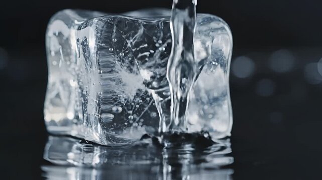 Close up of a melting ice cube with water droplets forming.