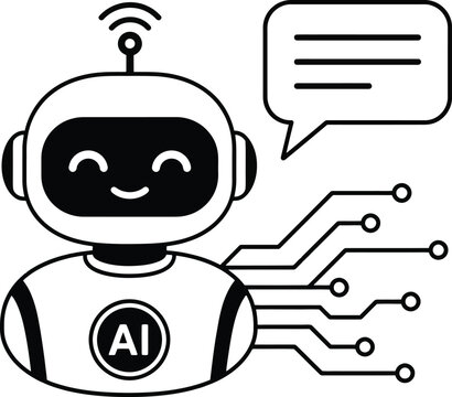 Friendly AI robot icon with speech bubble and circuitry artificial intelligence technology