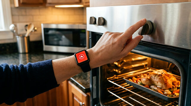 Person wearing a smartwatch adjusts the oven knobs while a roasted chicken cooks inside