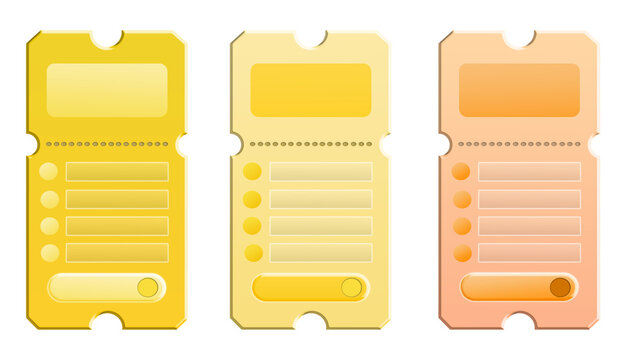 Set of 3 Yellow Orange Ticket Shape Pricing Card Templates with Rounded Corner Cutouts, Futuristic Coupon Style UI Panels, Glossy Gradient Warm Interface Elements, Vertical Subscription Cards