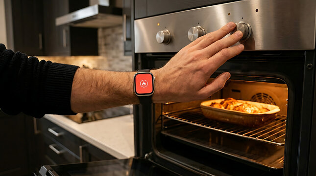 Hand adjusting oven knob while lasagna bakes inside, Smartwatch on wrist
