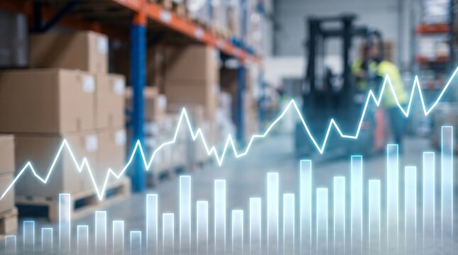Logistics and warehouse inventory growth chart concept. Business supply chain management dashboard with financial data trends infographic background. Forklift truck lifting cargo boxes.