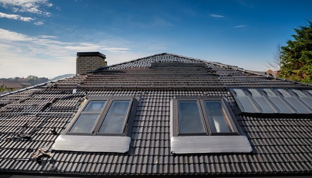 Ein Dach Wird Neu Gedeckt Einbau Der Dachfenster Anthrazitfarbene Beton Dachsteine