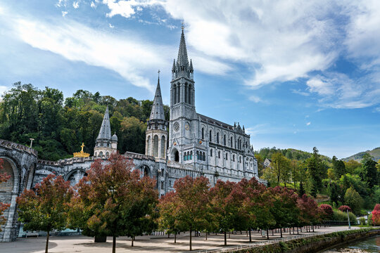 View of the Basilica in the Sanctuary of Lourdes, France. Mayor pilgrimage spot for Catholics
