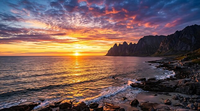Stunning sunset over the jagged peaks of senja island in norway
