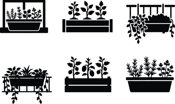 Collection of black silhouette illustrations featuring various window boxes, hanging balcony planters, and wooden garden crates filled with growing herbs and leafy plants.