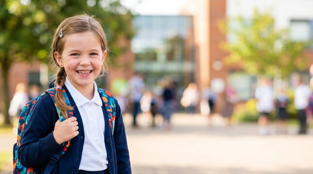 Portrait of smiling little schoolgirl with backpack on schoolyard background back to school student education primary learning concept ad banner copy space