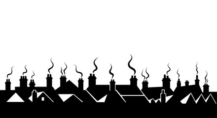 Naklejka premium Black Silhouette Rooftops with Chimney Smoke on White Background