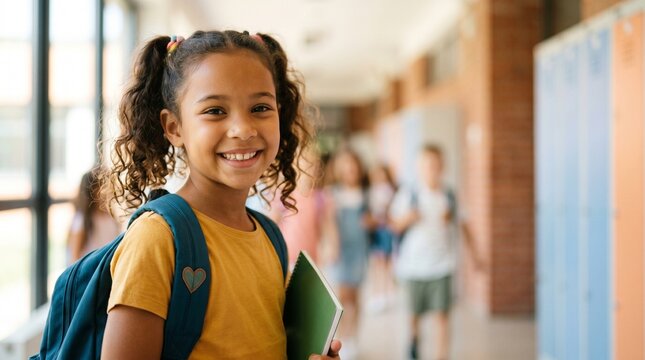 Portrait of happy smiling young Black schoolgirl with backpack holding notebook in school corridor classmate blurred back to school concept background
