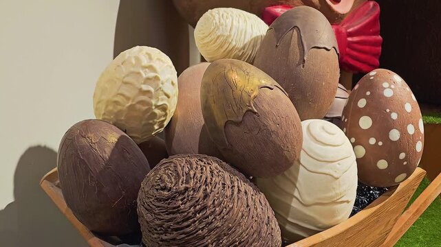 Assorted chocolate Easter eggs with detailed patterns and textures in a wooden basket, displayed beside a bunny decoration in warm indoor light for seasonal candy shop video and spring decor