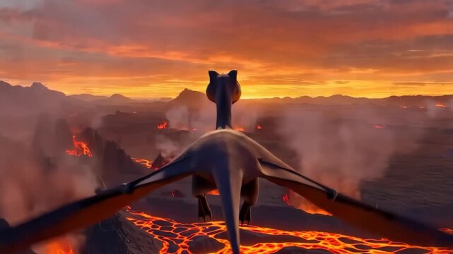 Hyper-Realistic Cinematic POV Shot of Pterodactyl Flying Over Volcano Landscape