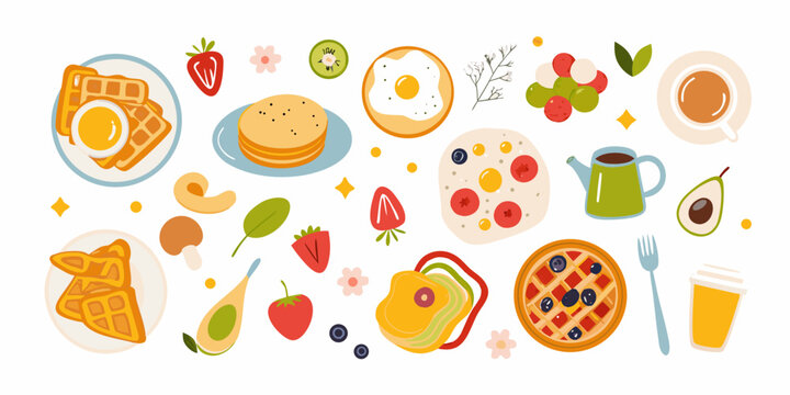 breakfast items illustration with waffles fruit and pancakes