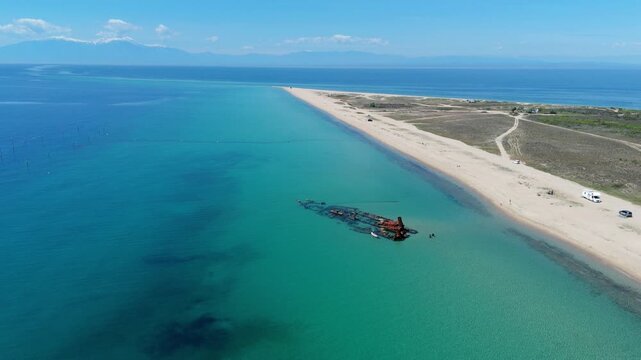 Overhead aerial perspective of the iconic Epanomi shipwreck beach in the Thermaikos Gulf region