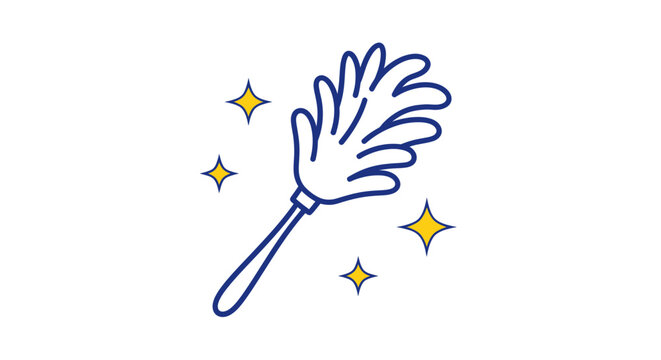 Hand holding feather duster with sparkling stars, cleaning concept illustration