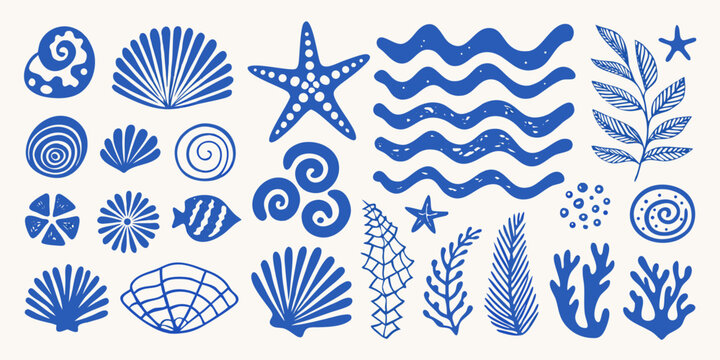 blue seashells starfish and waves pattern on a white background