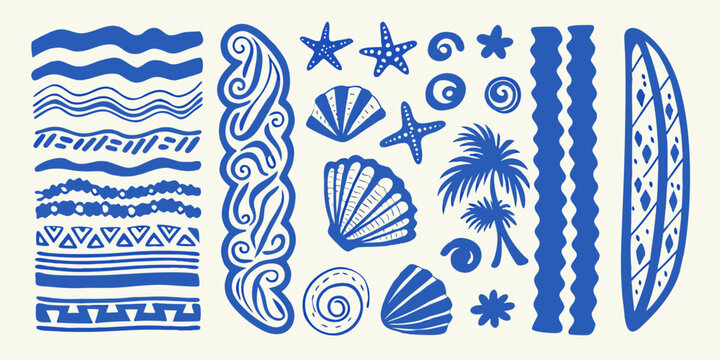 blue ocean themed pattern with seashells waves and palm trees