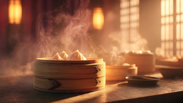Steaming dumplings on a wooden table.