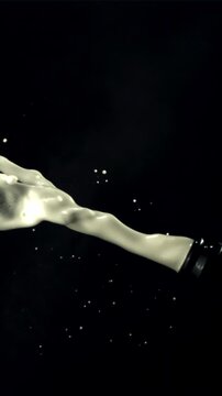 A bottle of champagne shoots a jet of air bubbles. On a black background. Filmed is slow motion 1000 fps.