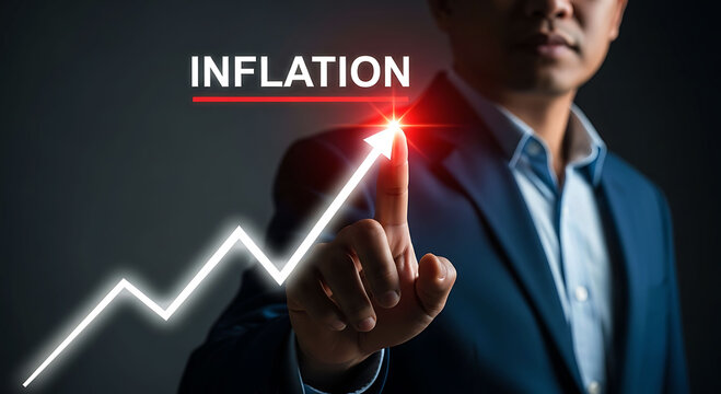 Businessman pointing at rising arrow chart showing inflation growth and economy crisis