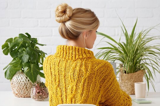 Woman working at home desk with houseplants in bright natural light