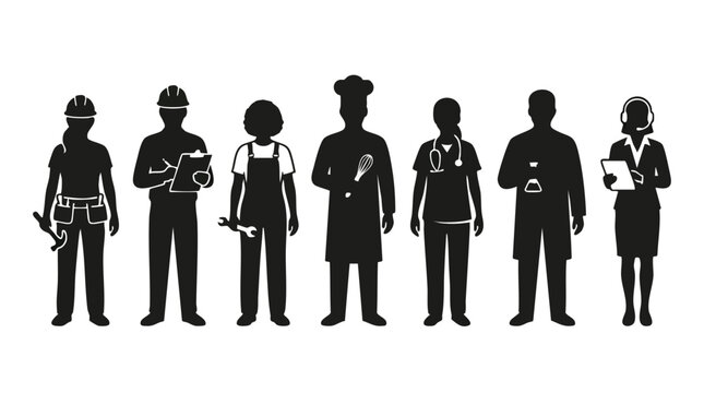 Minimal style group workers silhouette vector icons for various occupations and professions
