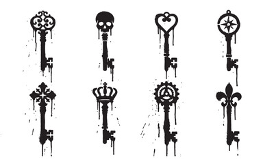 Antique Key Skeleton Silhouette Set, Urban Stencil Graffiti Paint Drips © trianatio