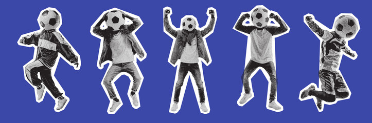 Obraz premium people in dynamic poses with footballs as heads, retro halftone aesthetic, symbolizing sport and joy