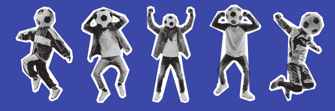 people in dynamic poses with footballs as heads, retro halftone aesthetic, symbolizing sport and joy