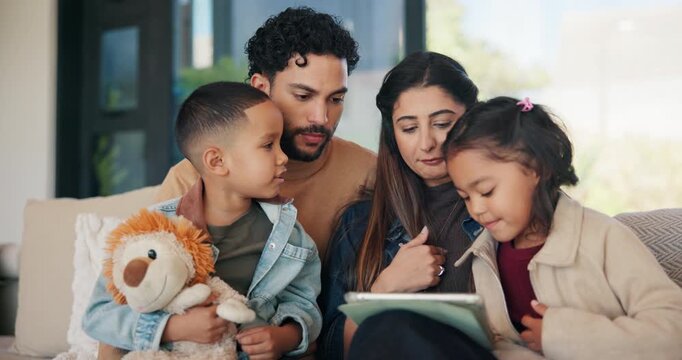 Tablet, children and parents in home for teaching, talking and online learning on sofa. Family, bonding or mom and dad with kids on digital app, scroll and interaction for connection and development