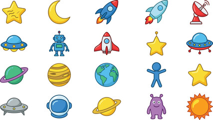 Outer Space Cartoon Icon Set Featuring Rocket Ships UFOs Planets Stars Astronaut Helmet Alien and Cute Robot Vectors for Kids Astronomy Designs © Ismail