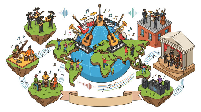 Isometric World Music Day Vector illustration featuring diverse global musicians playing instruments on floating islands around the earth globe.