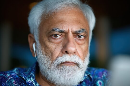 Portrait of mature Indian man wearing earphones looking serious