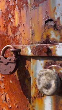Close up view of a weathered and rusty padlock securing an old metal door with peeling paint, showing details of corrosion and decay on its textured surface under bright sunlight