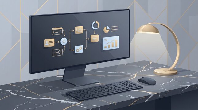 Modern computer monitor displaying creative design software on minimalist desk setup with warm lighting