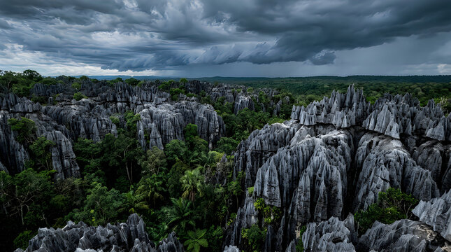 Rugged limestone rock formations in the tsingy de bemaraha national park in madagascar under a dramatic cloudy sky at sunset