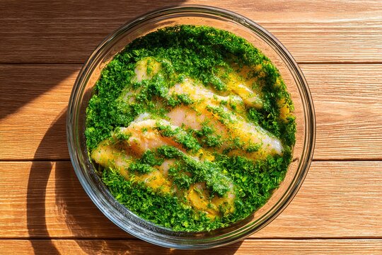 Raw chicken breasts marinating in spicy herb oil inside glass bowl on wooden table