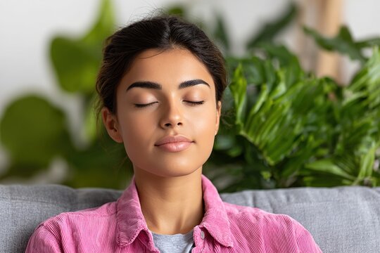 Young Indian woman meditating on couch in peaceful indoor setting