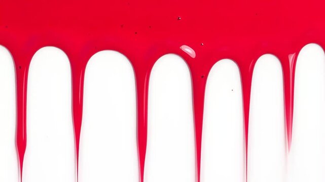Red paint dripping vertically down a white background in a continuous sequence closeup abstraction of glossy liquid streaks elongating and merging, minimal modern texture and motion.