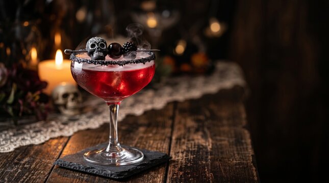 Gothic Halloween cocktail with smoke and black skull garnish in elegant coupe glass. Moody spooky alcoholic beverage for witchcraft theme party or bar menu card.