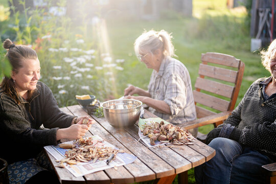 High angle view of woman peeling potatoes with parents while sitting at table in back yard on sunny day