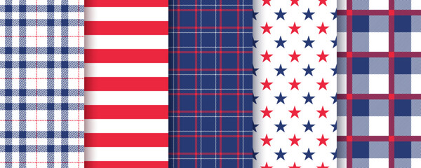 Checkered 4th July seamless background. American patriotic patterns with stars stripes. America independence textures. Set of plaid USA flag prints. Blue red wallpapers. Vector illustration. © maradaisy