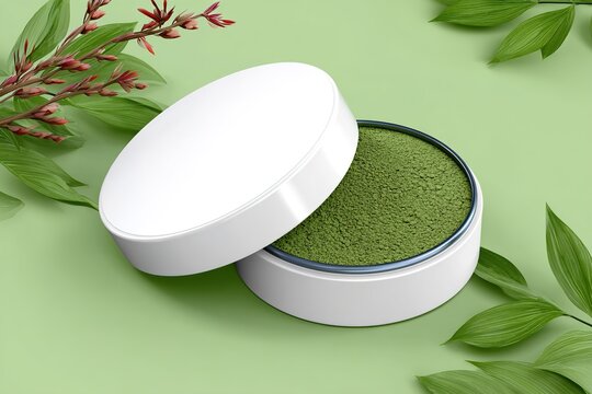 Matcha green powder in white container with leaves
