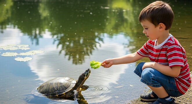 Boy feeding turtle in a pond.