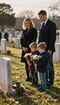 Family mourning at grave with flowers during memorial service  