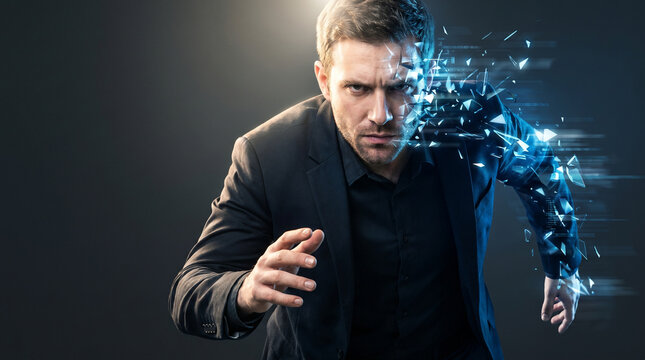 Businessman with digital glitch effect and blue geometric fragmentation representing digital transformation